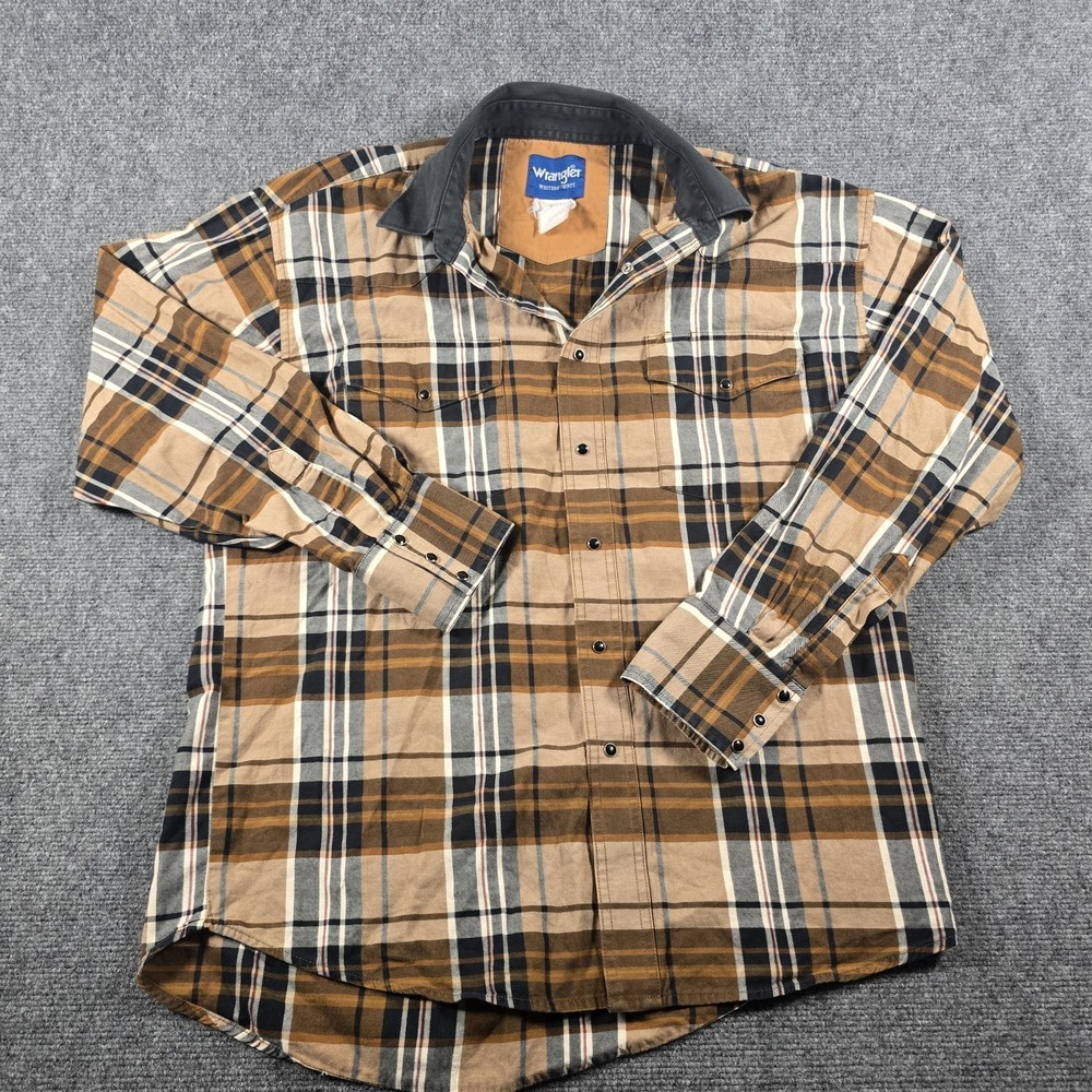 Wrangler Western Shirts Plaid Pearl Snap Shirt Black Collar Men's L? Vintage